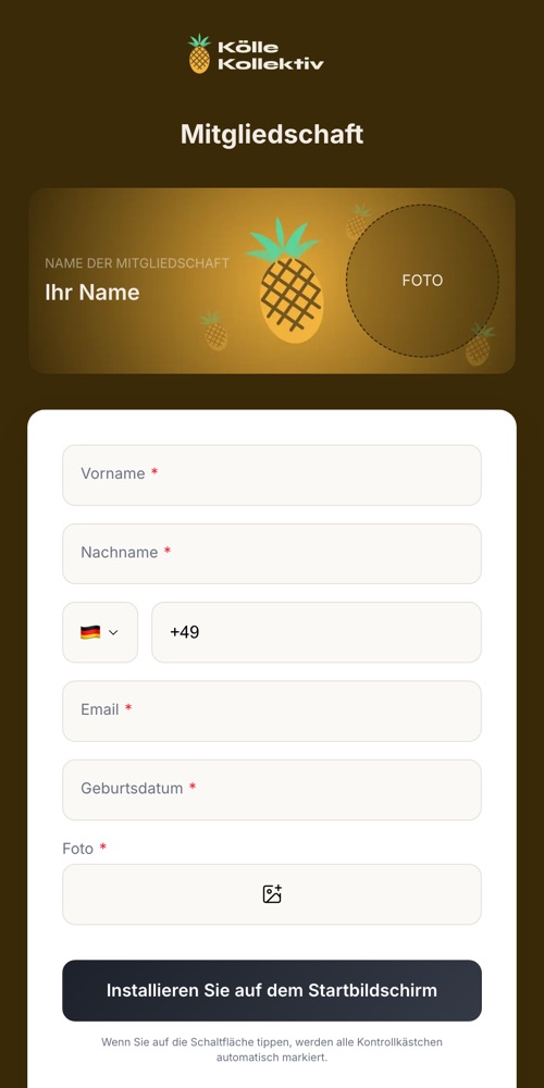 Anmeldeseite der Fördernde-Karte mit Ananas und Foto-Feld